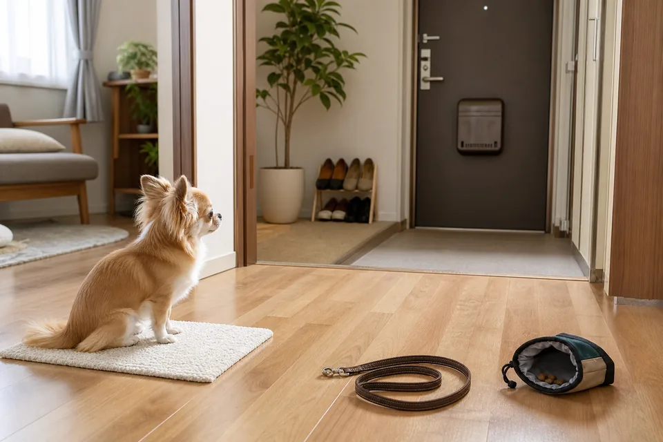 玄関から距離を取って落ち着く練習をするチワワ