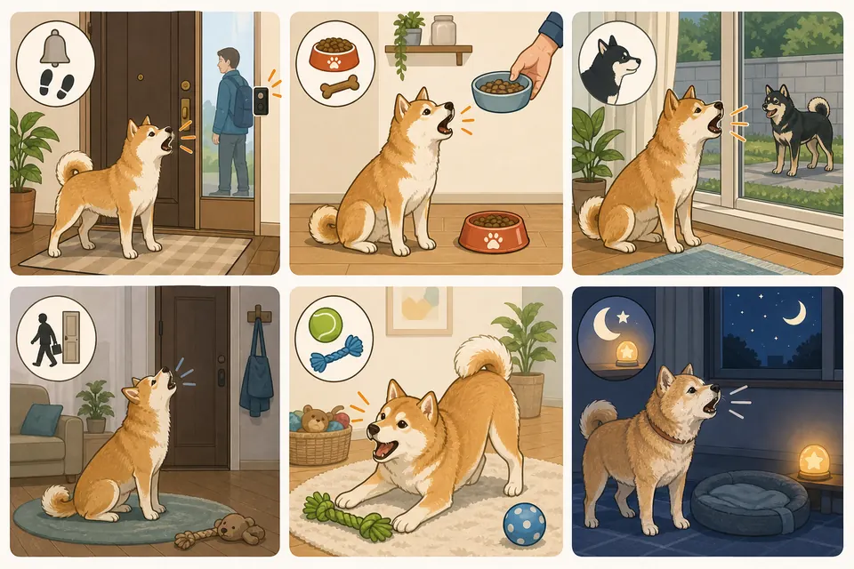 犬が吠える原因を来客、要求、窓の外、留守番、遊び、夜間に分けたイラスト