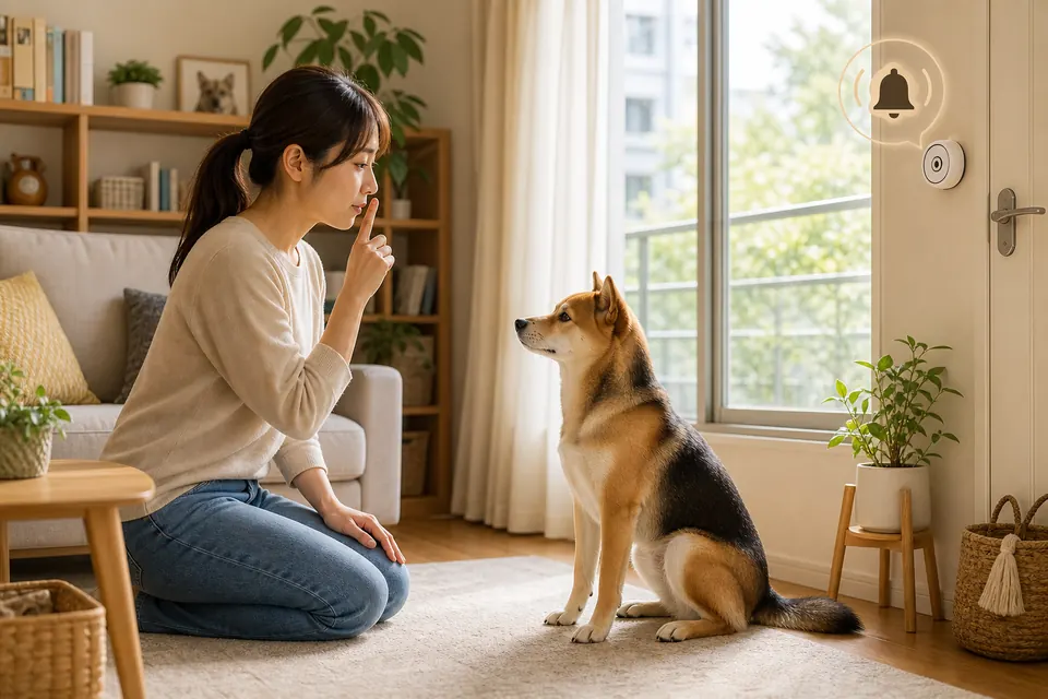 室内で飼い主が犬に静かに待つ練習をしている様子