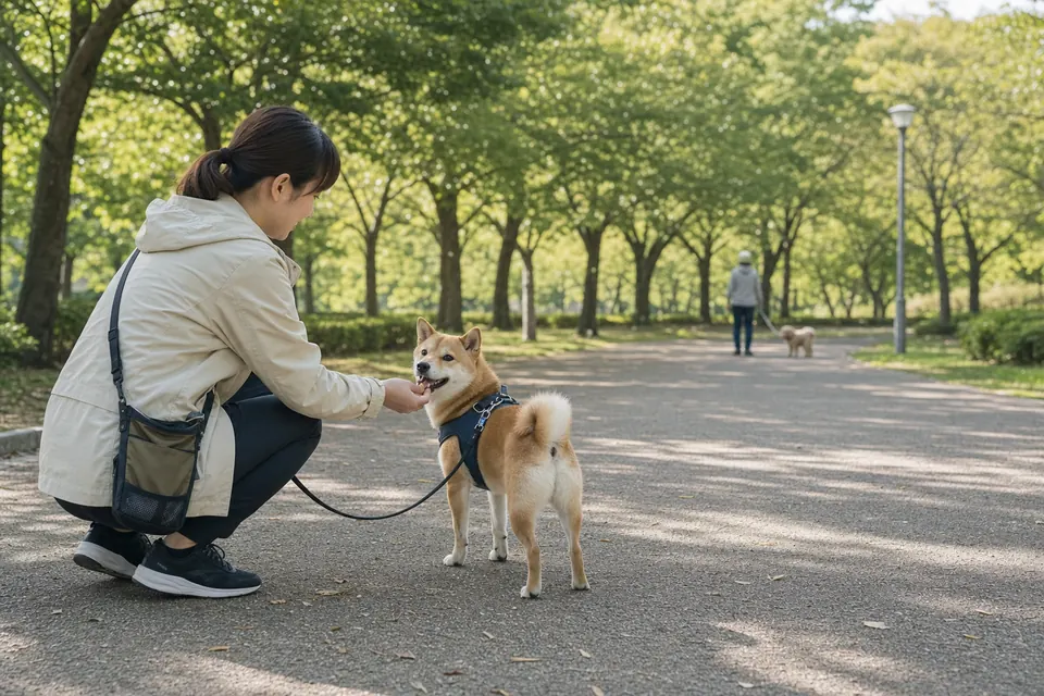 散歩中に犬が他の犬へ吠える前に飼い主へ注目する練習をしている様子