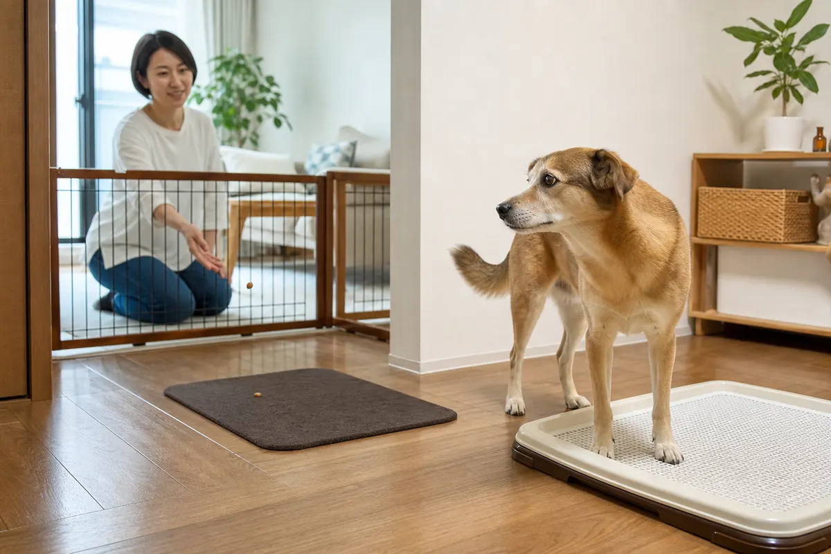低いゲート越しに安全な距離を保ちながら犬をトイレへ誘導する飼い主