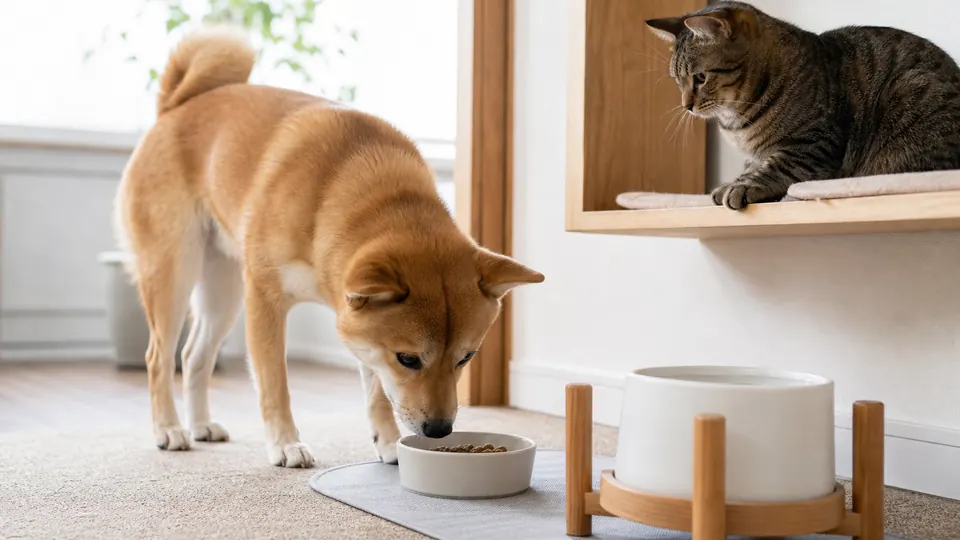 猫用の食器に近づく犬を高い場所から猫が見ている室内