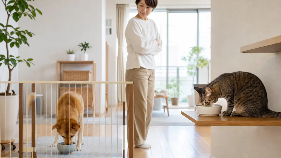 ゲートと高さを使って犬と猫の食事場所を分けた室内