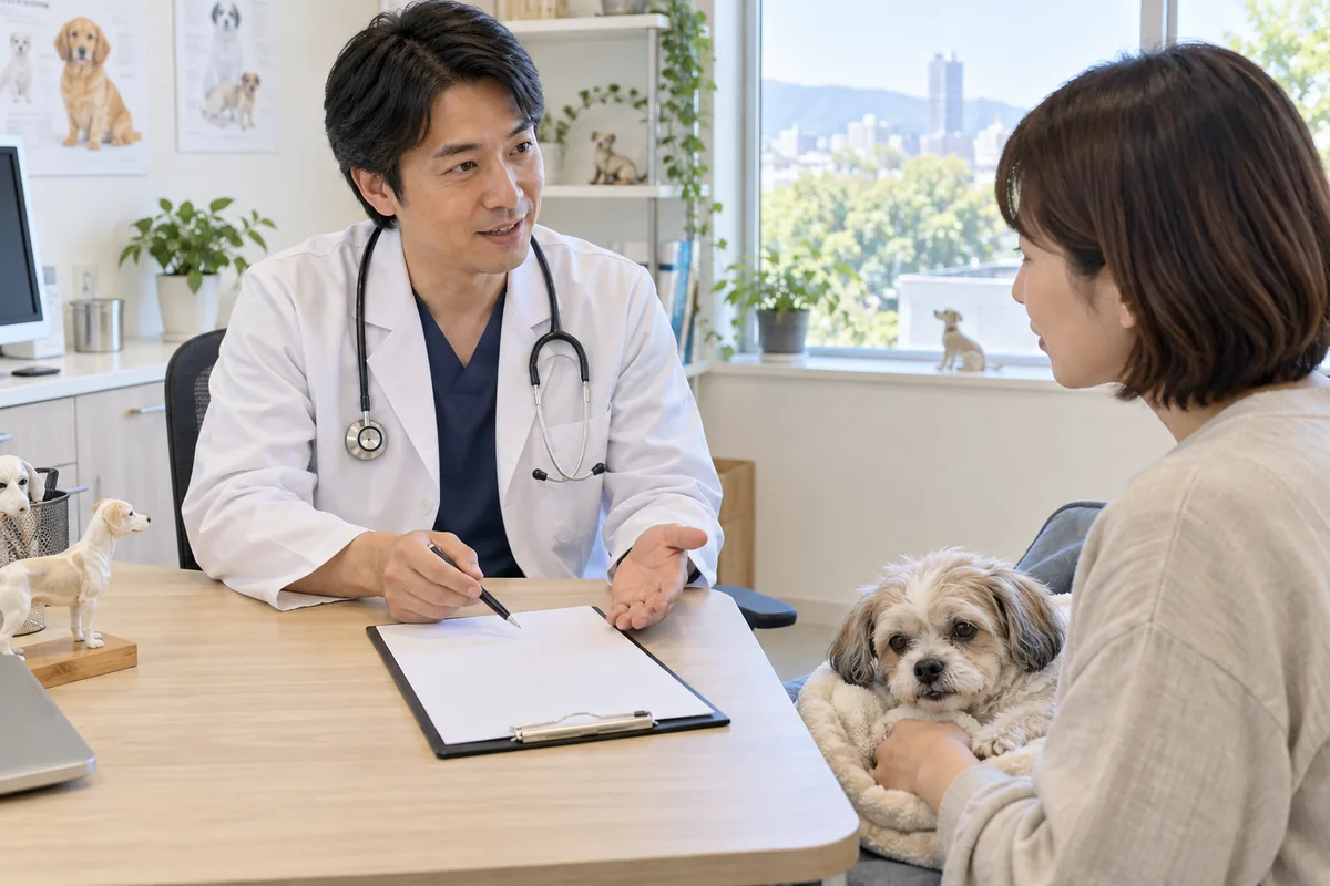 動物病院で獣医師が犬の飼い主に費用の見積もりを説明している様子