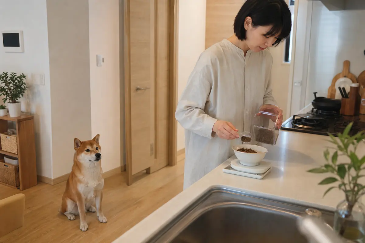 キッチンスケールで犬のドライフードを量る飼い主と待つ柴犬