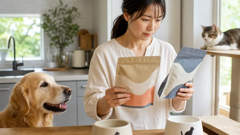 飼い主が犬用と猫用のフード袋を見比べる様子
