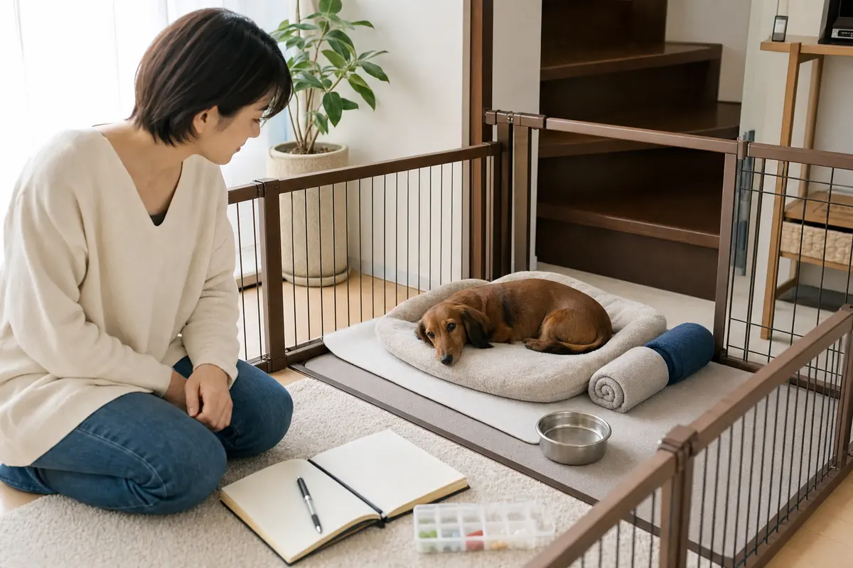 滑り止めと低い囲いを整えた犬の術後療養スペース