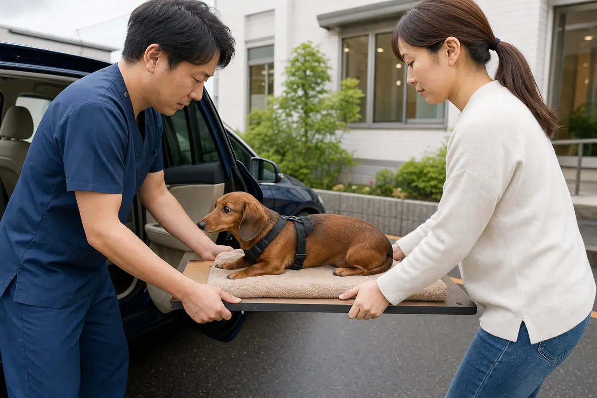 背中を水平に保ちながら犬を動物病院へ運ぶ様子