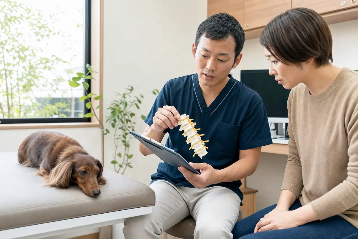 犬の椎間板ヘルニア手術と費用について説明する獣医師