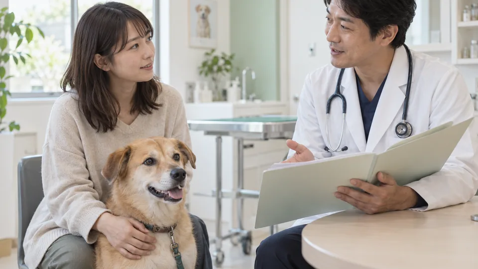 動物病院で犬の飼い主が獣医師と治療費や備えについて相談している様子