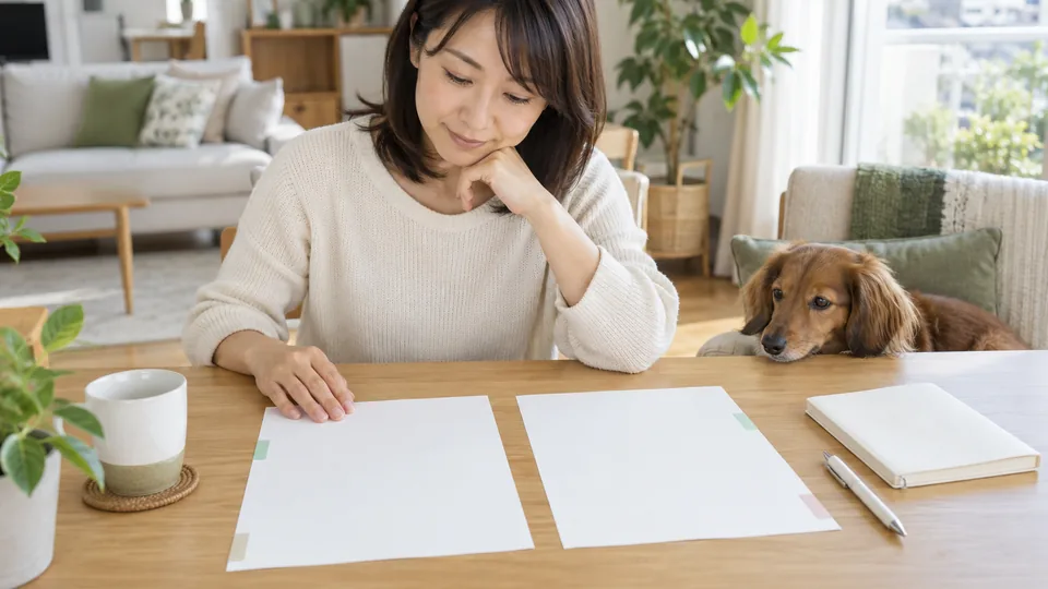 飼い主が犬のそばでペット保険の保障条件を見比べている様子