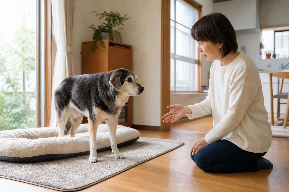 ベッドから起きたシニア犬の反応と立ち姿を確認する飼い主