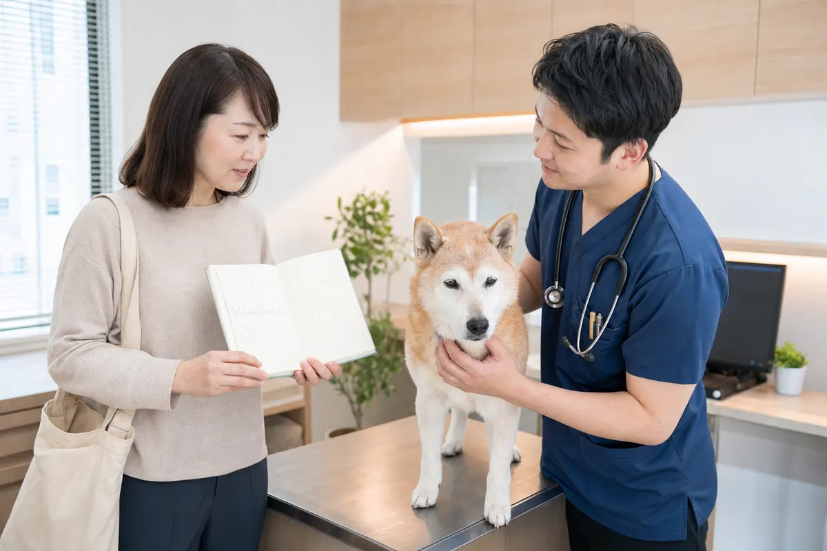 シニア犬の睡眠と食欲の記録を獣医師に見せる飼い主