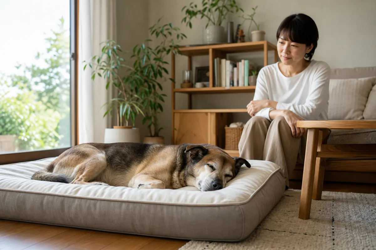 明るい室内のベッドで眠るシニア犬を静かに見守る飼い主