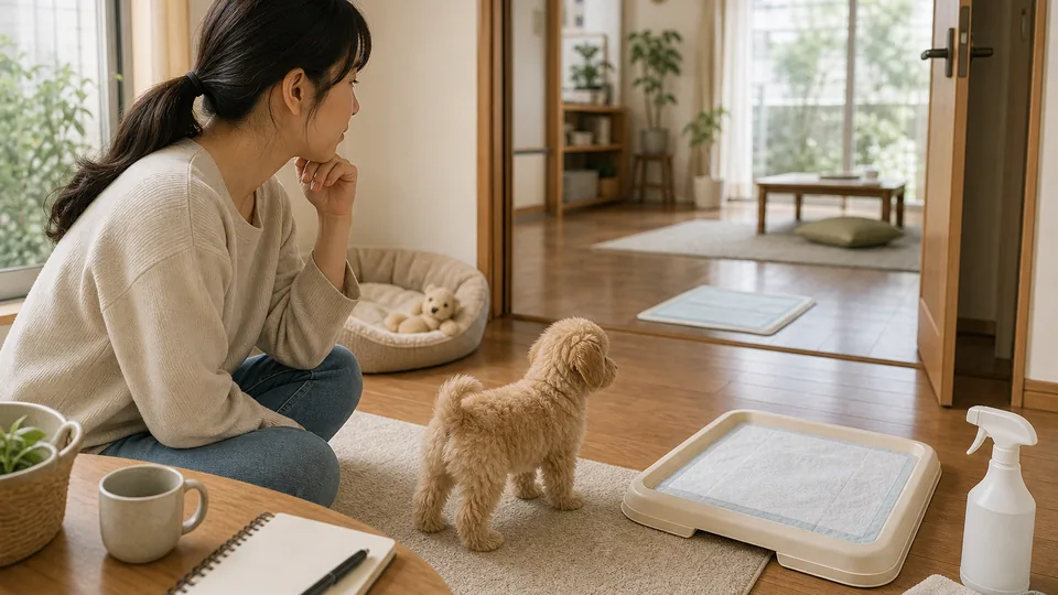 犬のトイレ失敗を部屋の広さやシート位置、掃除方法から見直す様子
