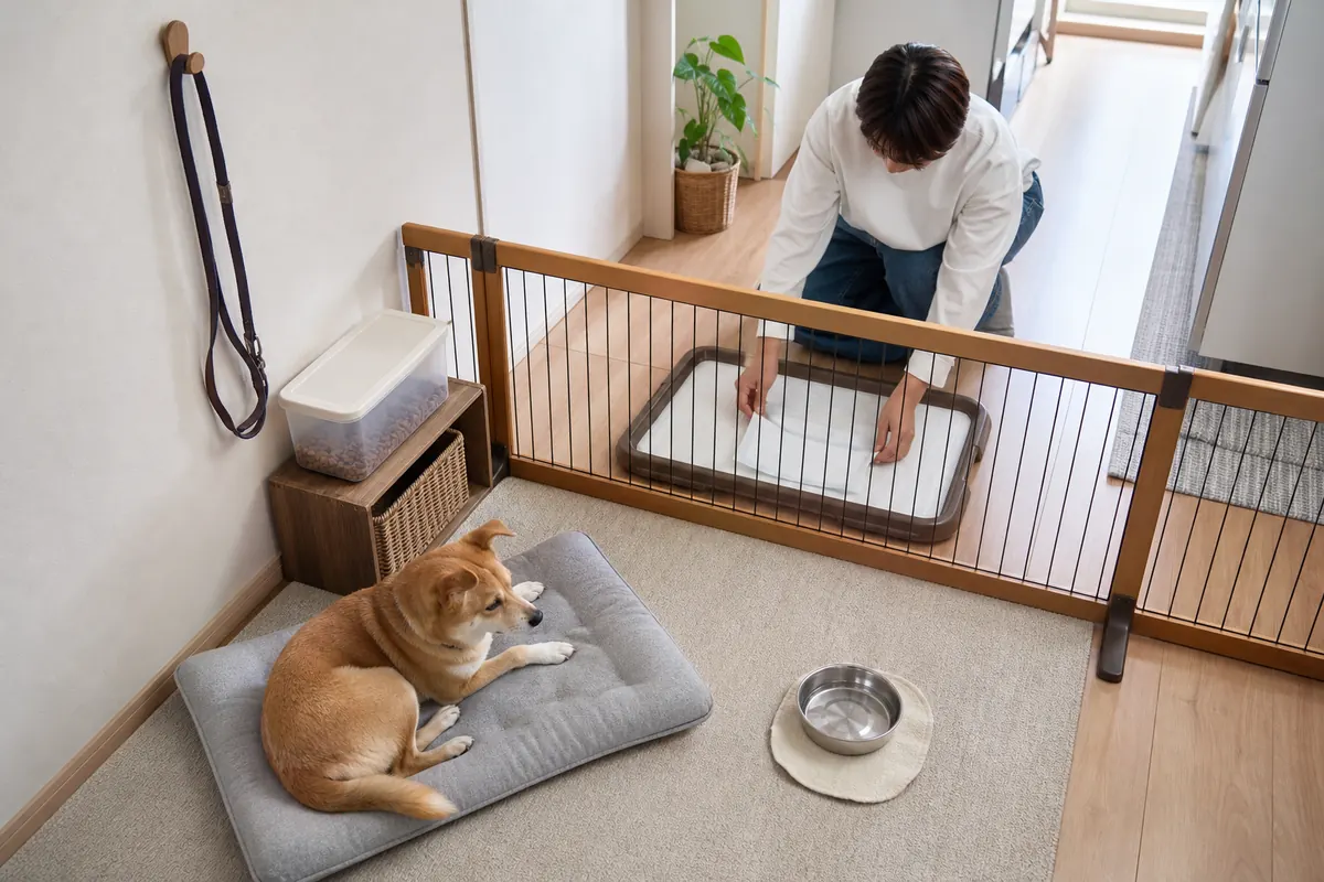 ゲートで犬の休む場所とトイレ交換の作業動線を分けた室内