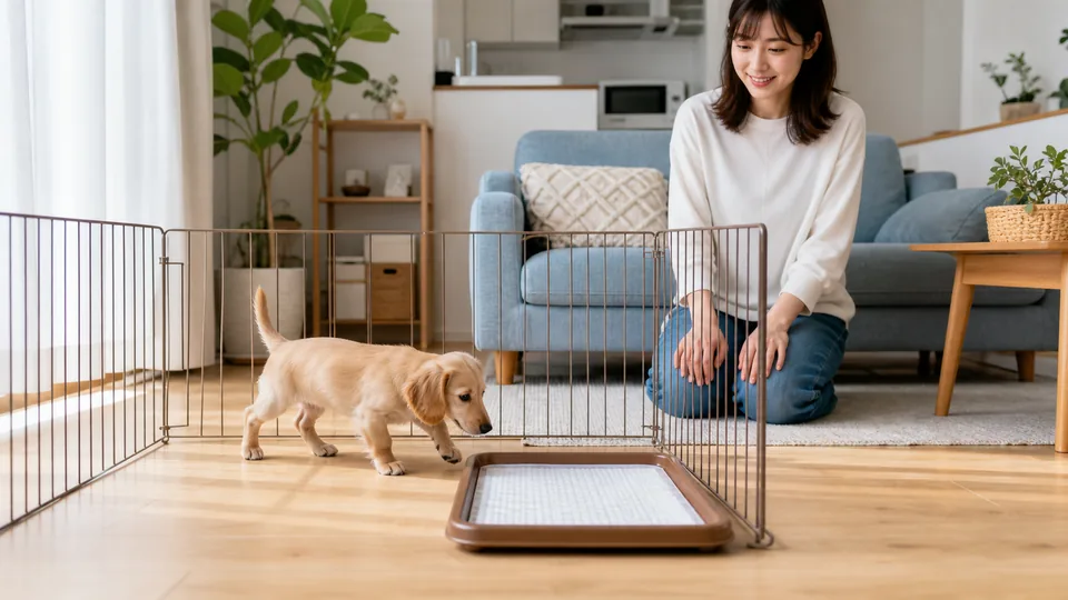 室内サークルの近くで子犬がトイレトレーへ向かう様子