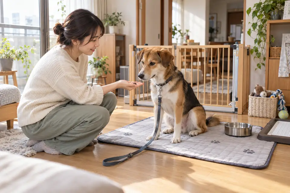 犬が室内のマットで落ち着き飼い主からごほうびを受けている