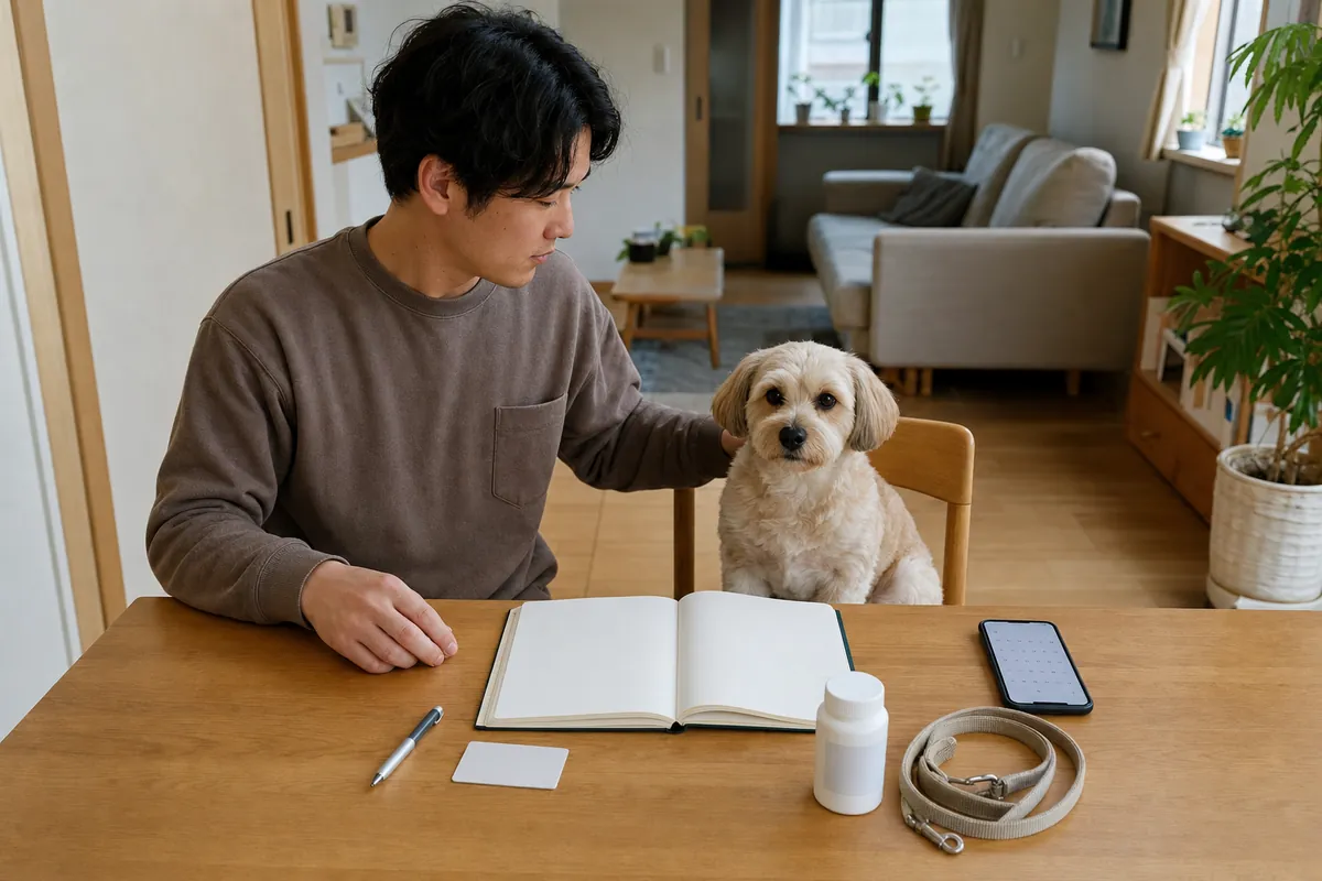 犬の診察前に手帳、薬、保険証券、リードを準備する飼い主