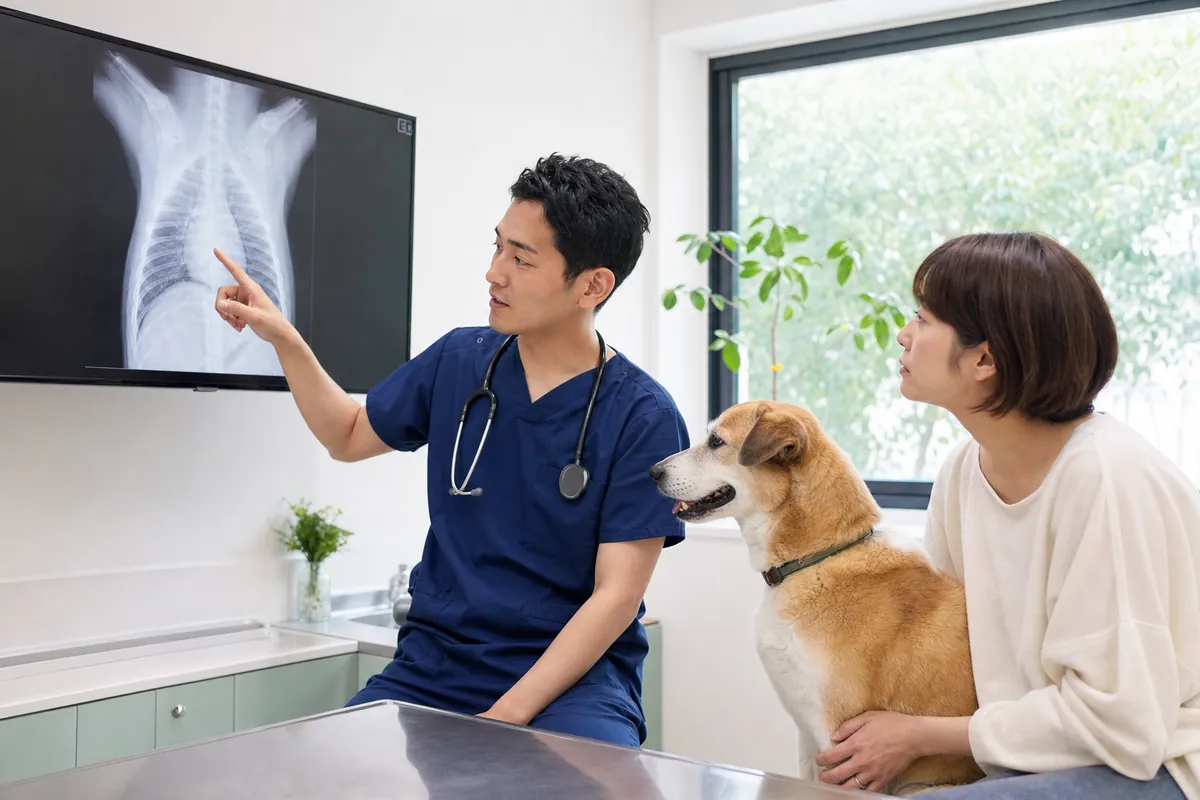 犬のレントゲン画像を飼い主へ説明する動物病院の獣医師