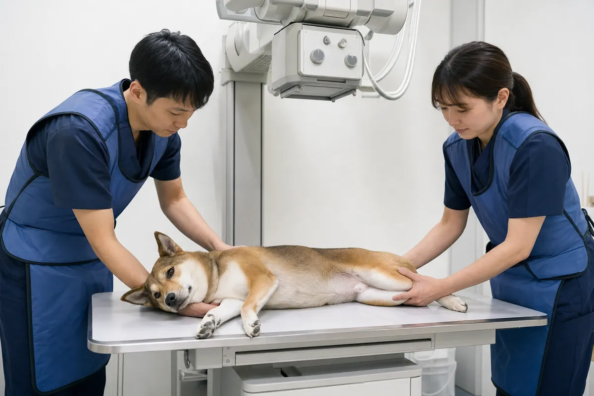 レントゲン撮影台で犬の肩と腰をやさしく支える動物病院スタッフ