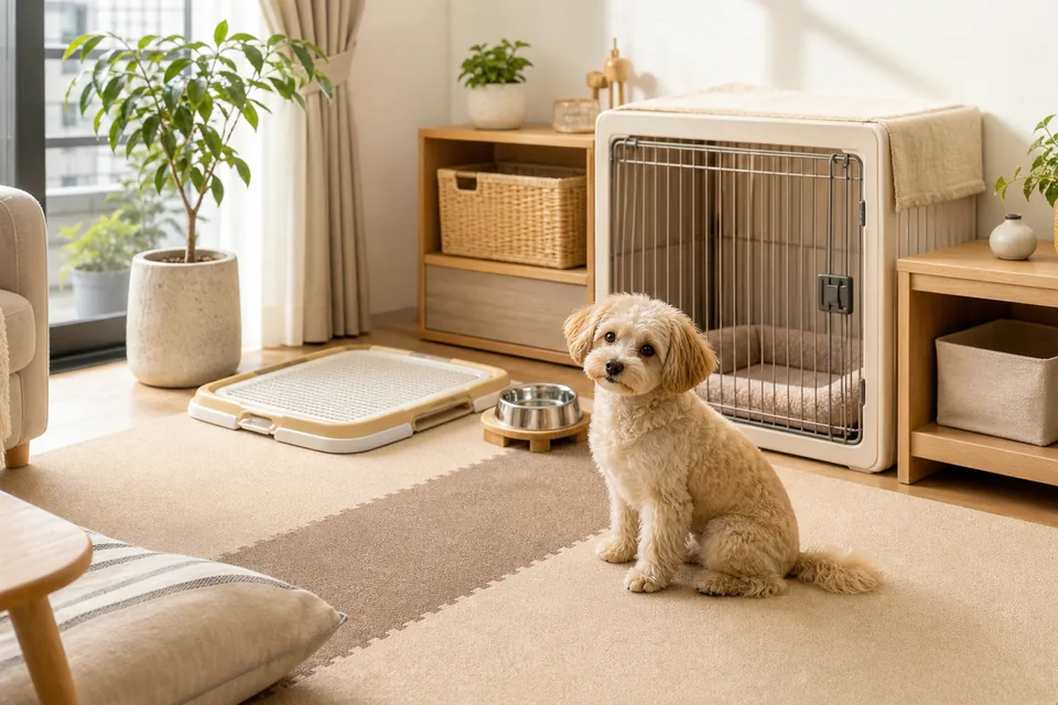 室内で犬を迎えるためにケージとトイレを整えた部屋