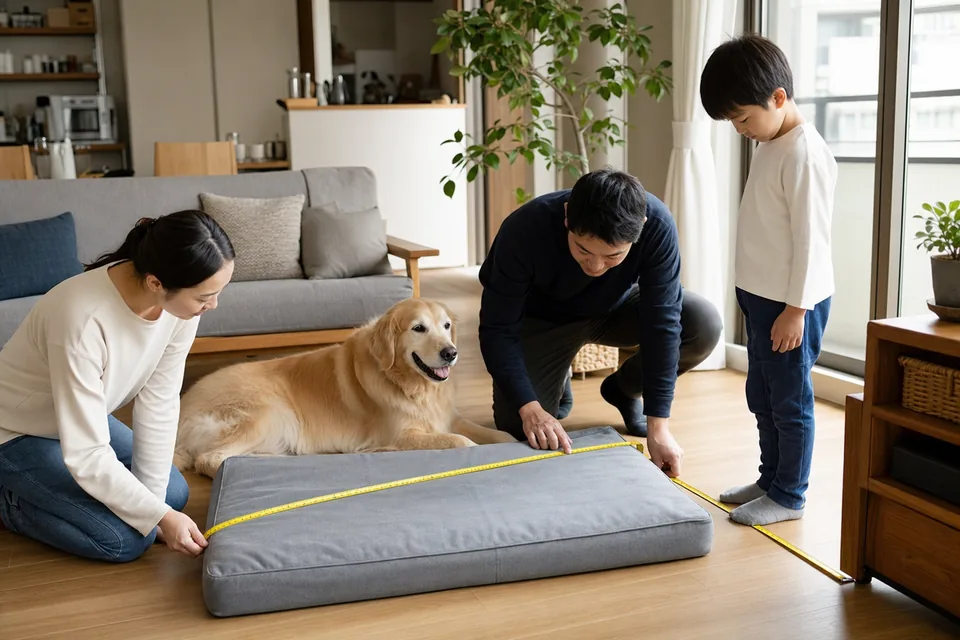 大型犬用ベッドの置き場所を家族で測る室内の様子