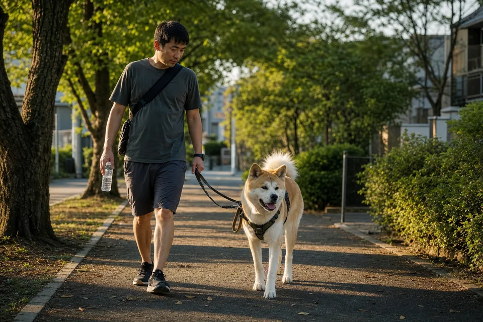 水を持って大型犬と日陰の道を散歩する飼い主
