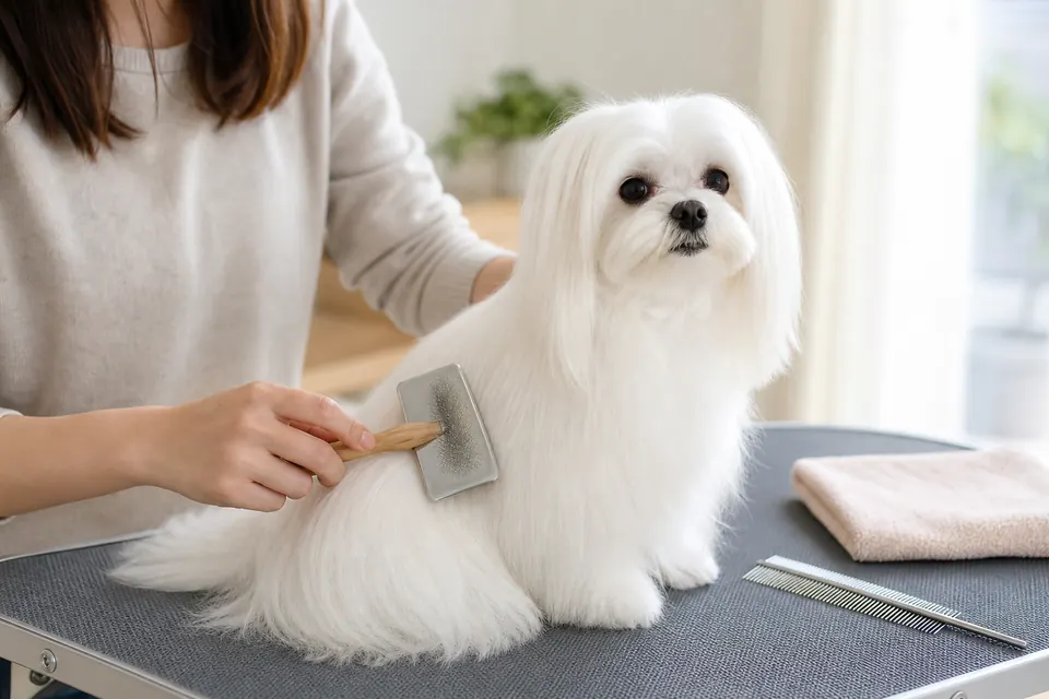 自宅でマルチーズの白い被毛をやさしくブラッシングする飼い主
