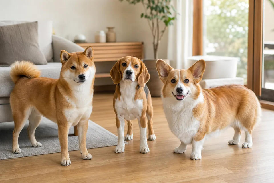 明るい室内に並ぶ柴犬、ビーグル、コーギーのような中型犬たち