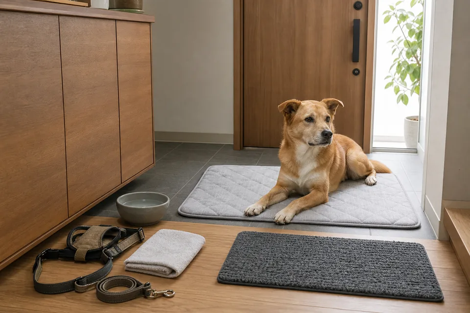 玄関マットの上で休む中型犬と散歩用品を整えた室内スペース