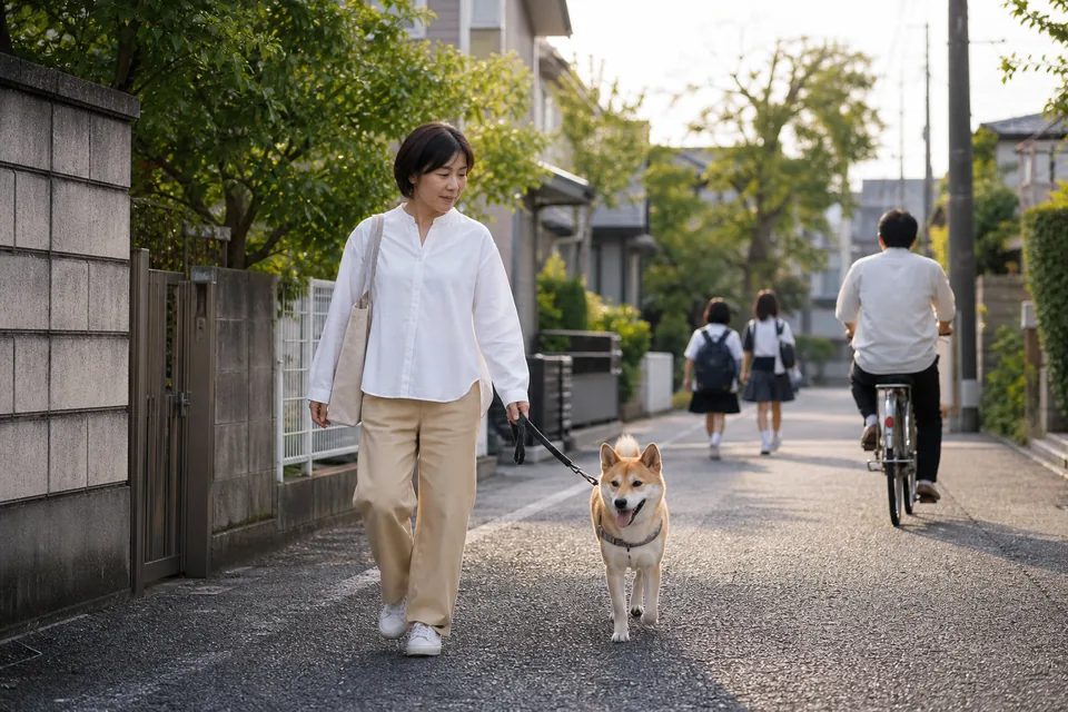 住宅街で中型犬が飼い主の横を落ち着いて歩く散歩風景