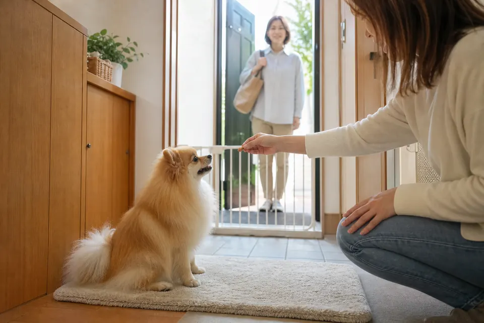 玄関で来客に落ち着いて対応する練習をするポメラニアン