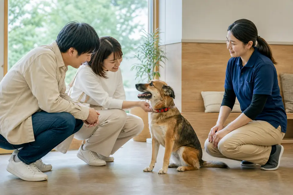 動物福祉施設で保護犬と落ち着いて対面する里親希望者