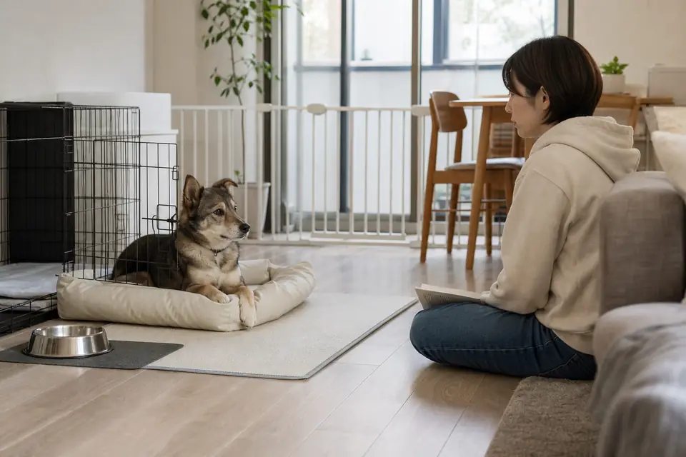 保護犬が新しい家で休めるケージと静かな安全スペース