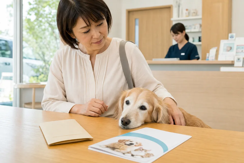 動物病院で高齢犬の通院費用を相談する飼い主