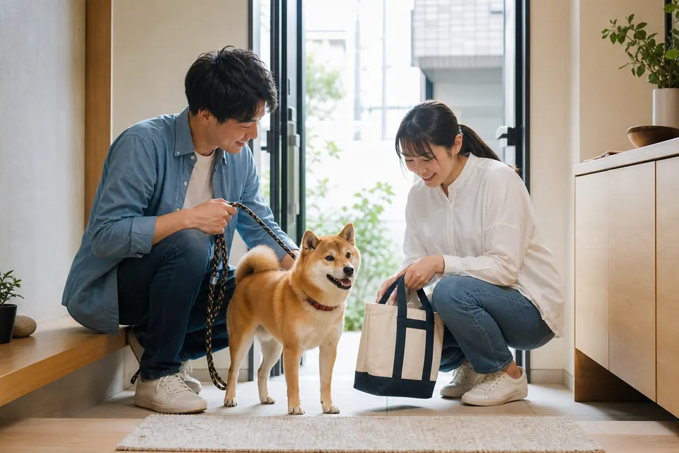 玄関で散歩の準備をする家族と柴犬