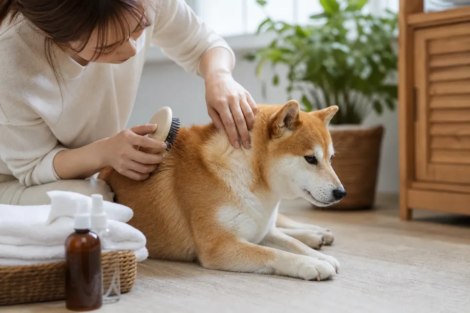 自宅で柴犬の被毛をブラッシングしながら皮膚を確認する飼い主