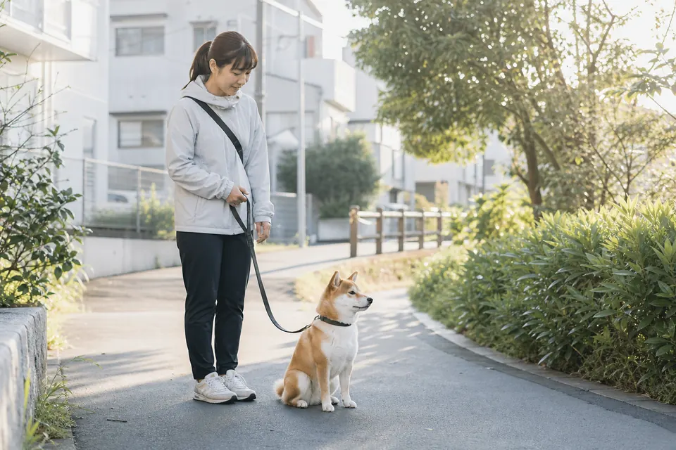 朝の公園で柴犬とリード練習をする飼い主
