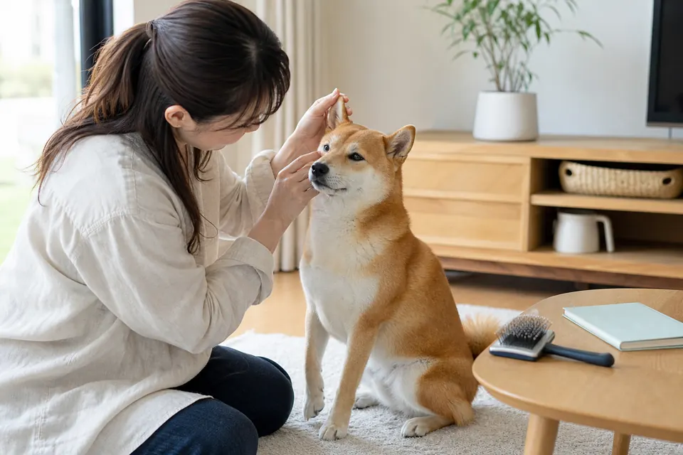 自宅で柴犬の目や耳や足先をやさしく確認する飼い主