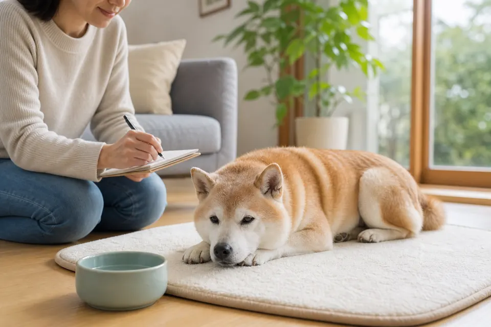 シニア期の柴犬が明るい室内で休み、飼い主が健康記録を確認している様子