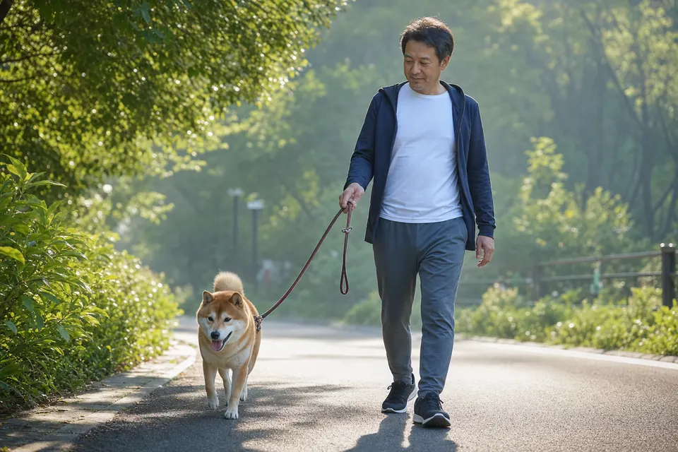 公園でシニア期の柴犬に合わせてゆっくり散歩する飼い主