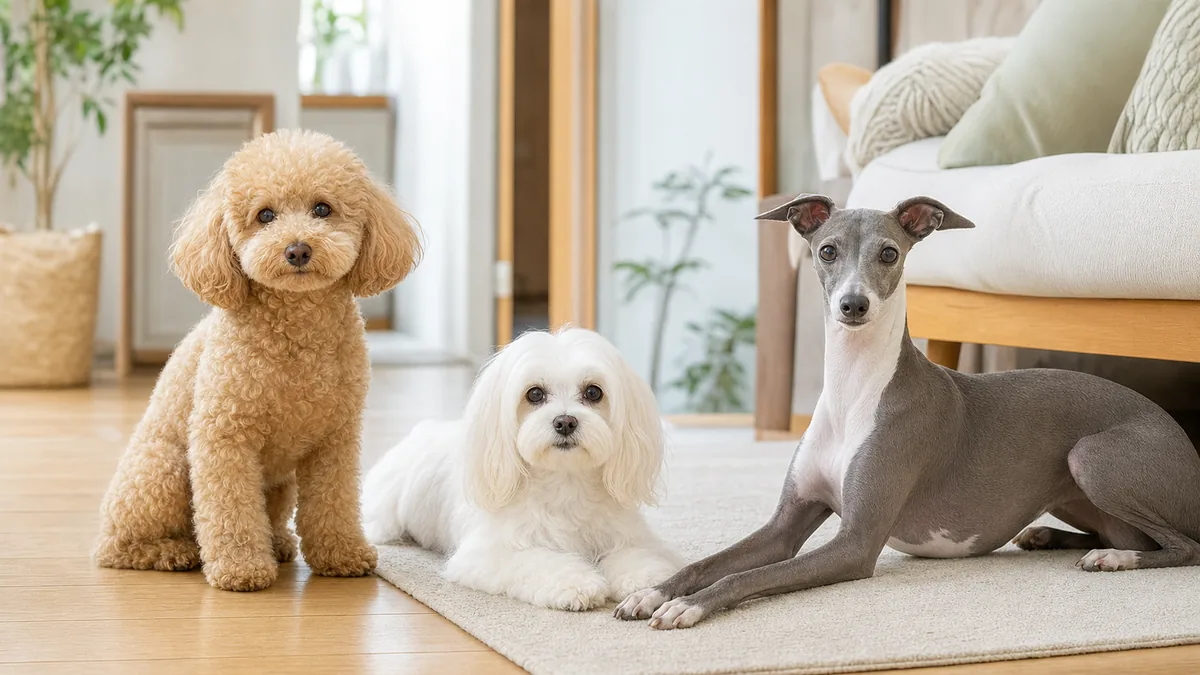 明るい室内に並ぶシングルコートの小型犬たち