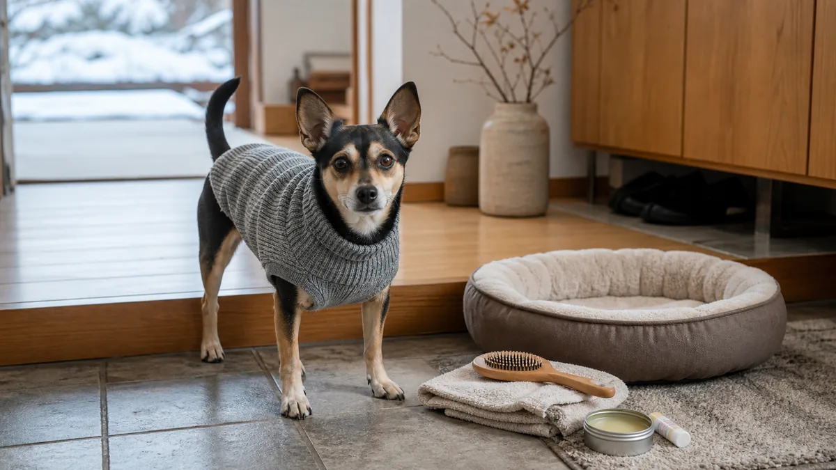 冬の室内で防寒服とブラシの近くに立つ小型犬
