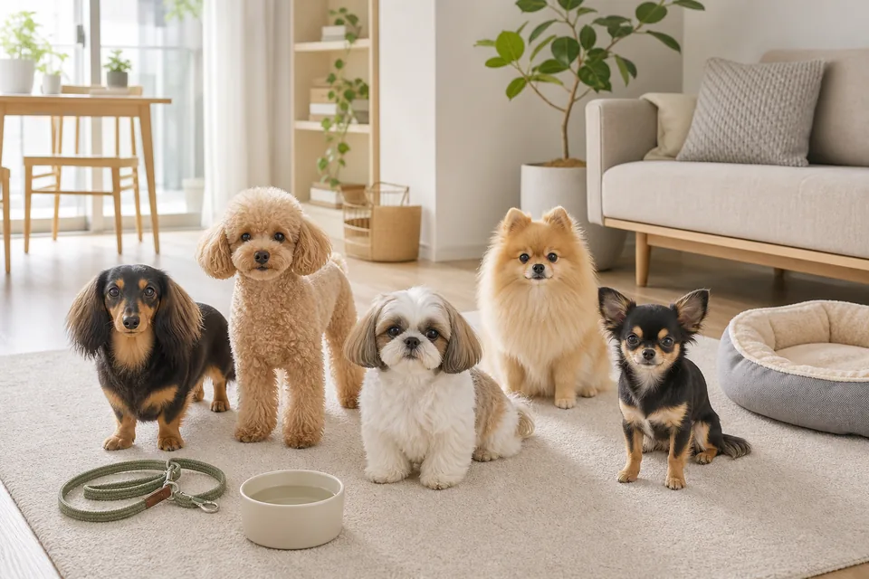 室内で並ぶ小型犬と犬用ベッド、リード、水皿
