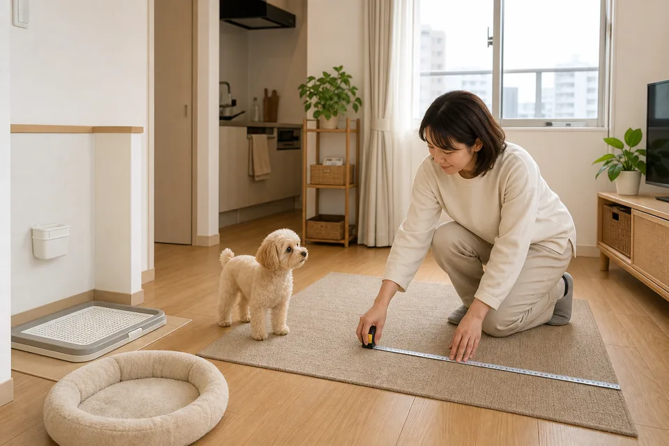 小型犬のために室内のラグとトイレ場所を確認する飼い主