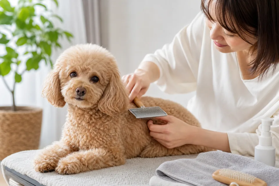 自宅でトイプードルをやさしくブラッシングする飼い主